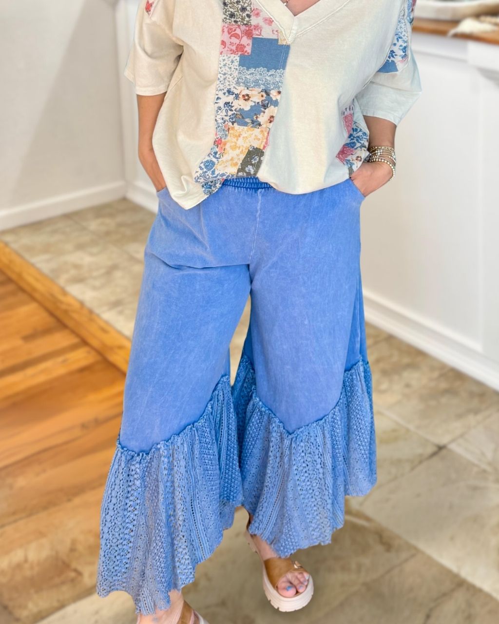 Washed Lace Wide-Leg Pants