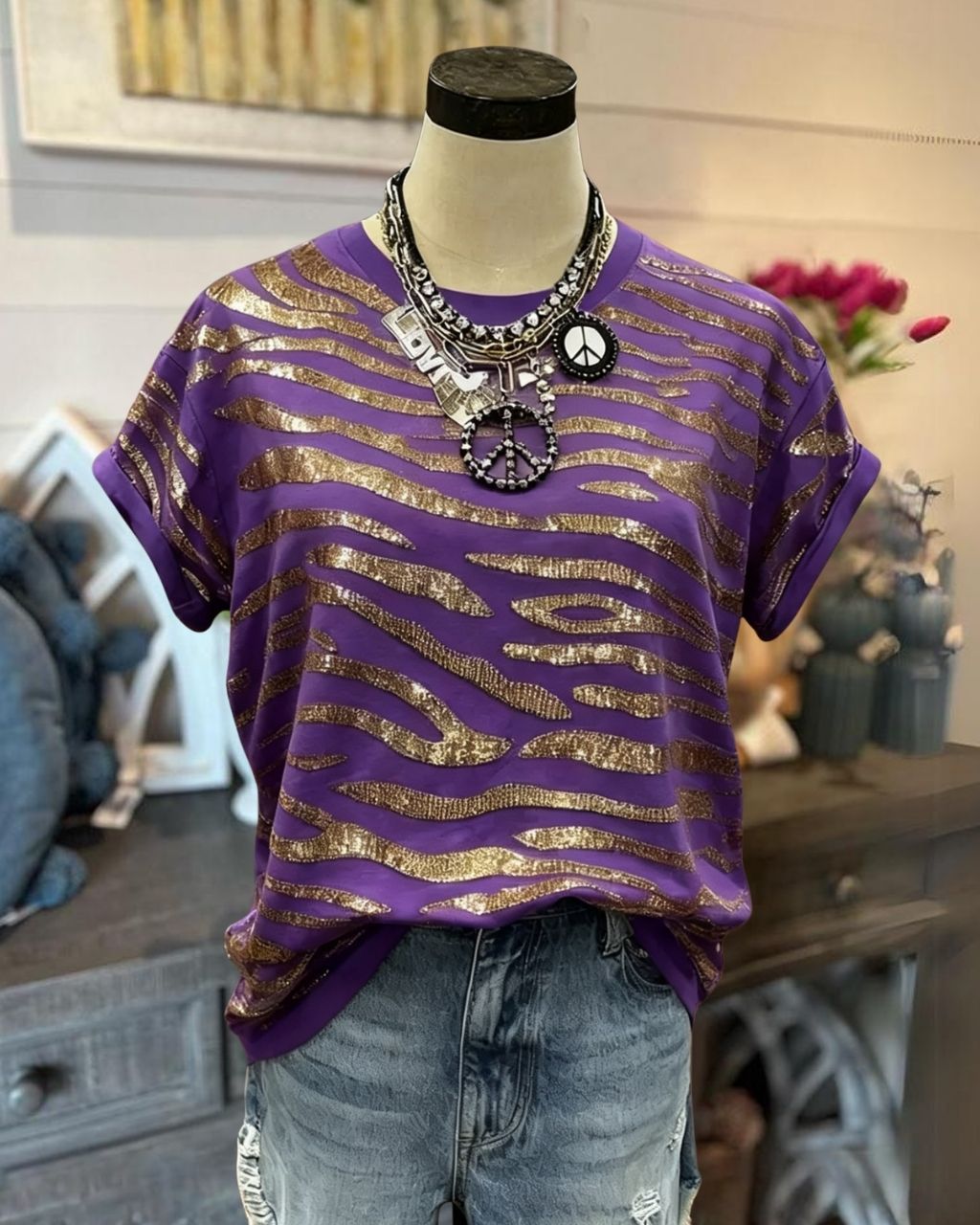 Tiger-Stripe Sequin Game-Day T-Shirt