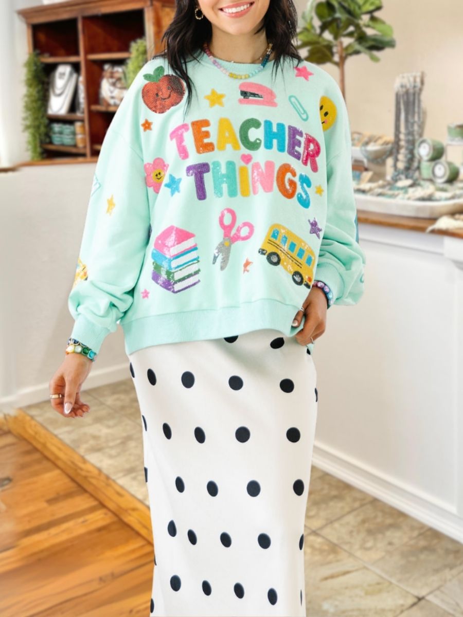 Teacher Things Cartoon Sequin Pullover