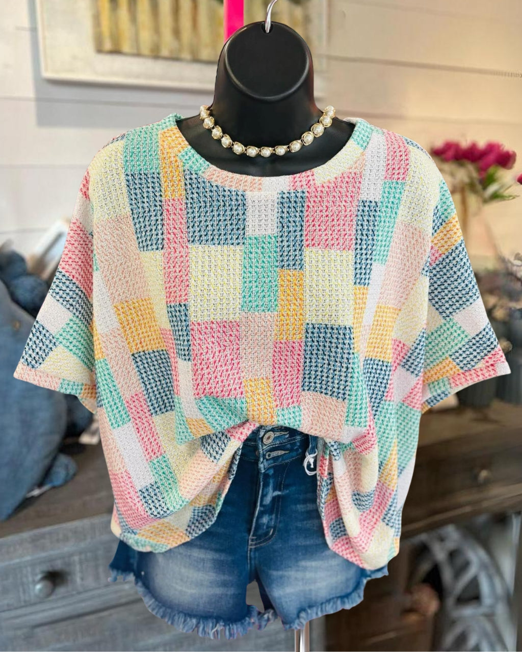 Multi-colored Plaid Knit Top