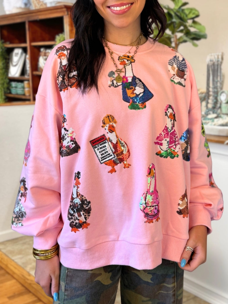 Playful Sequin Goose Pullover