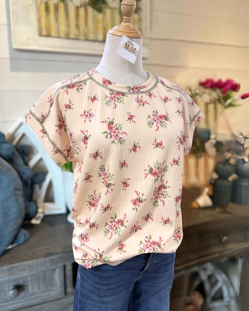 Reverse-stitched Snake-ribbed Floral Top