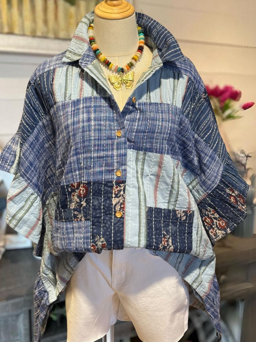 Plaid Floral Patchwork Button Down Top