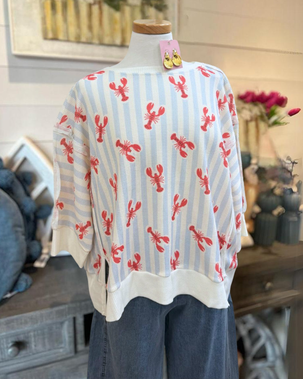 Crayfish-print Striped Waffle Top
