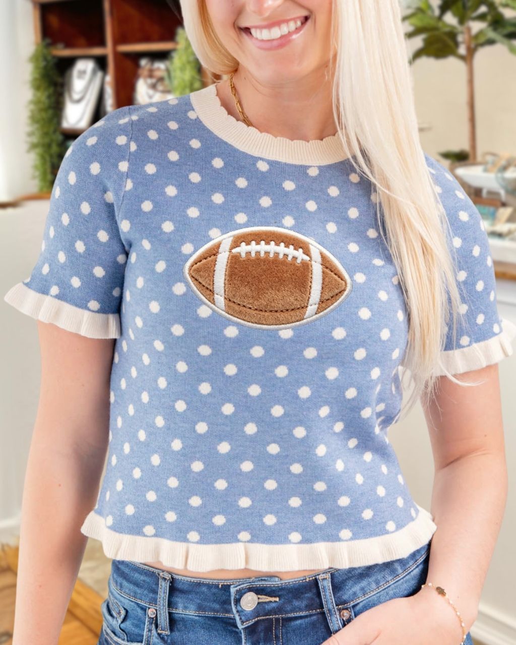 Football Polka Dot Ruffled Embroidered T-shirt