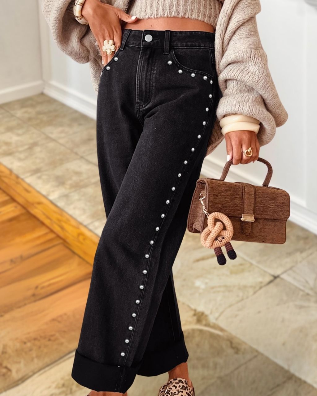 Stud-embellished Casual Denim Pants