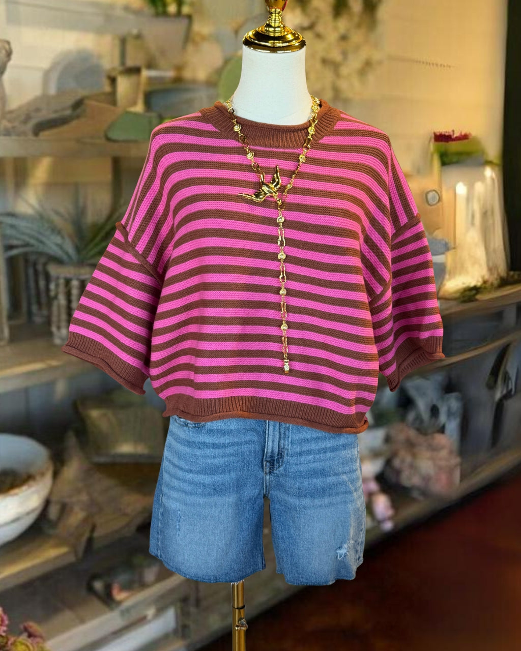 Color-blocked Striped Knit Crewneck Top
