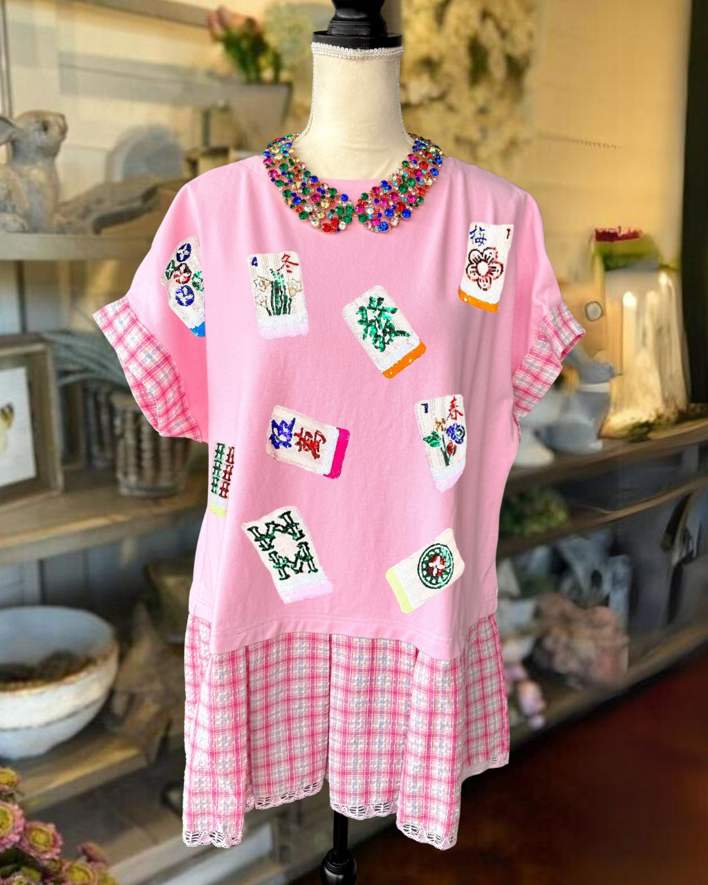 Mahjong Sequined Plaid Patchwork Dress