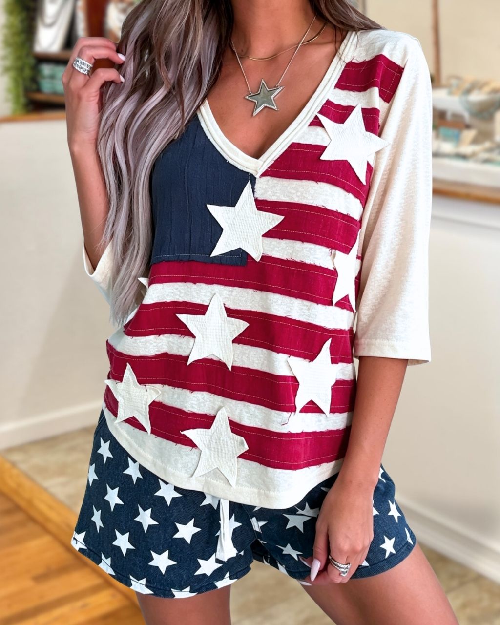 Flag-Style Star Embroidered Patch Top