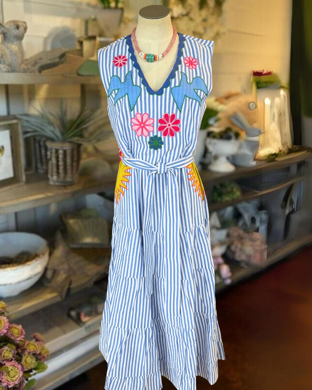 Fresh Embroidered Striped Sleeveless Dress