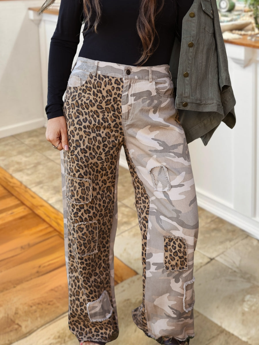 Leopard Print Patchwork Camouflage Pants