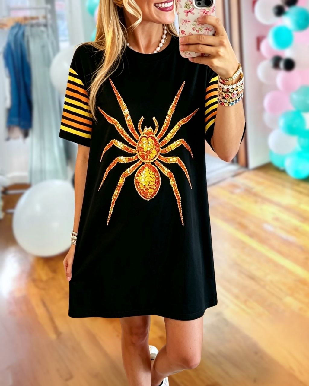 Halloween Gold Spider Sequin T-Shirt Dress