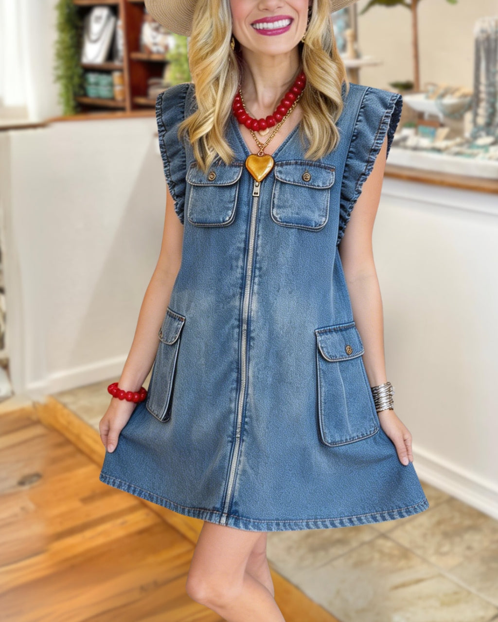 Multi-pocket Zipper Denim Dress
