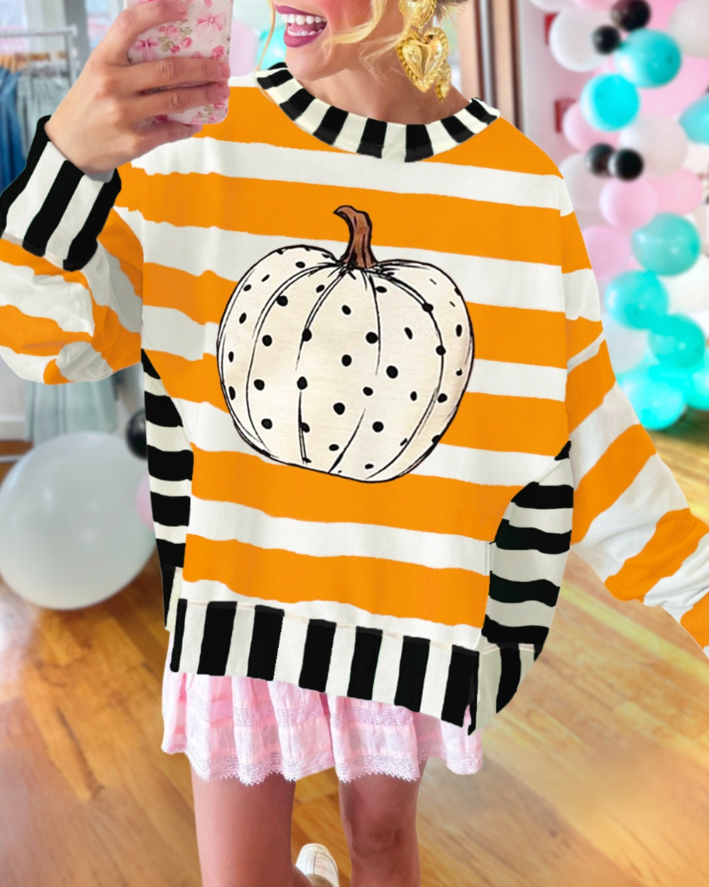 Fun Pumpkin Print Striped Pullover