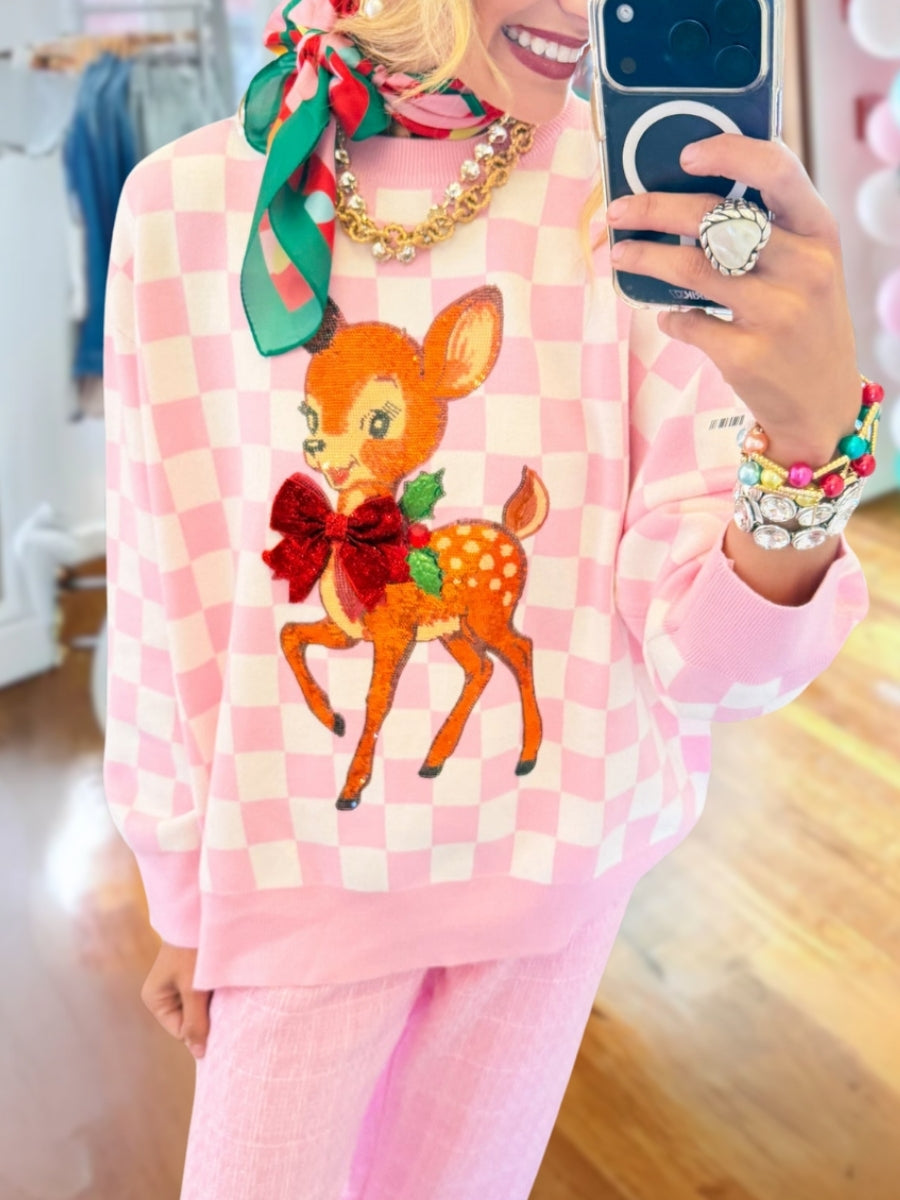 Plaid Embroidered Bow Deer Pullover