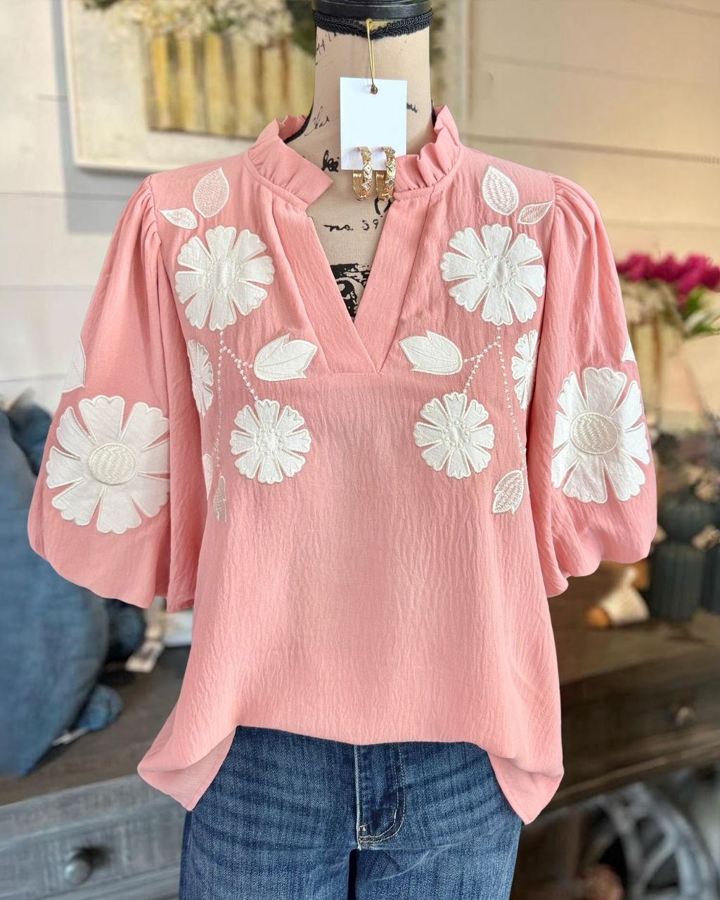 Floral Embroidery Puff-Sleeve Top