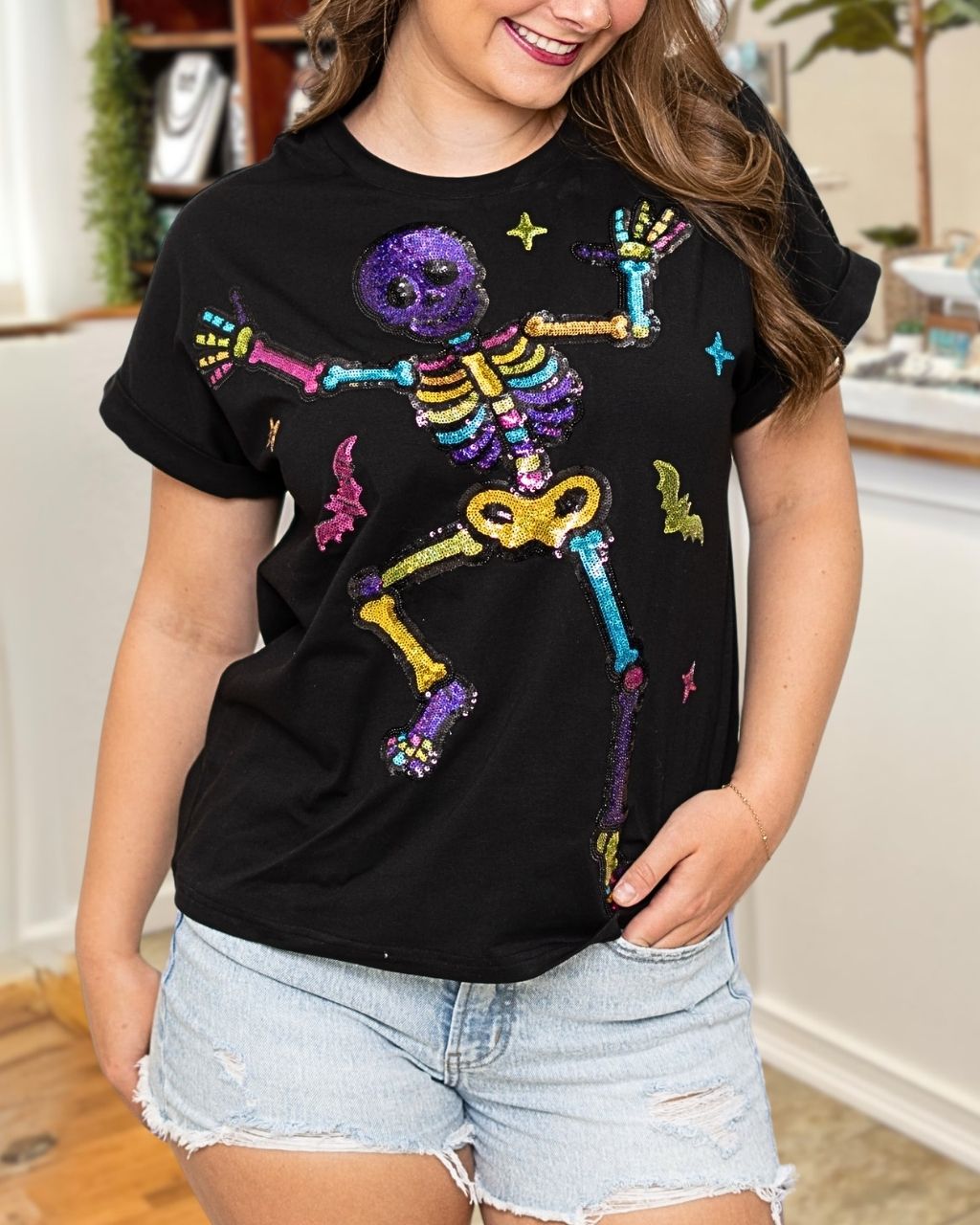 Halloween Skull Bat Star Sequin T-shirt