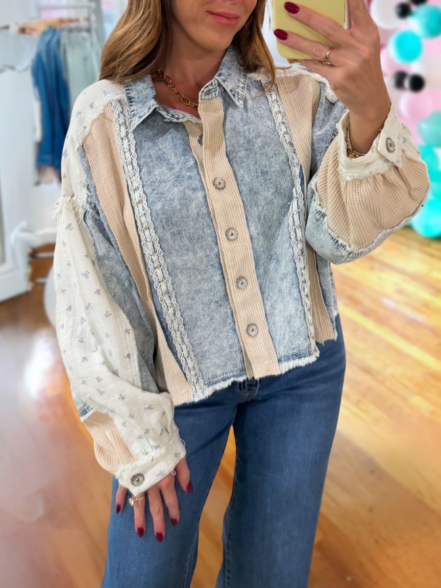 Floral Waffle Patchwork Denim Shirt