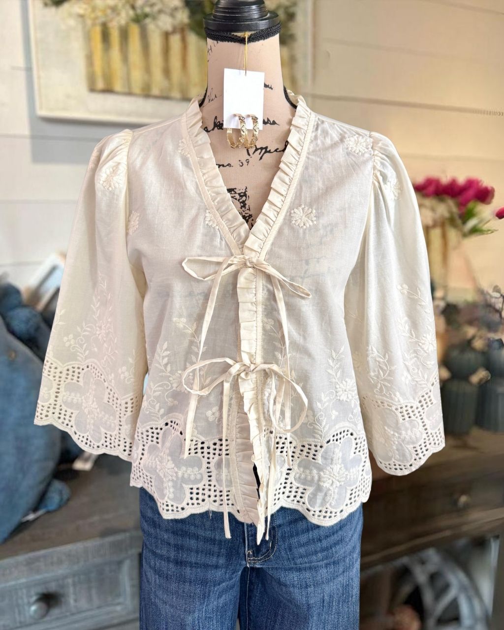 Floral Embroidered Tie-Front Top