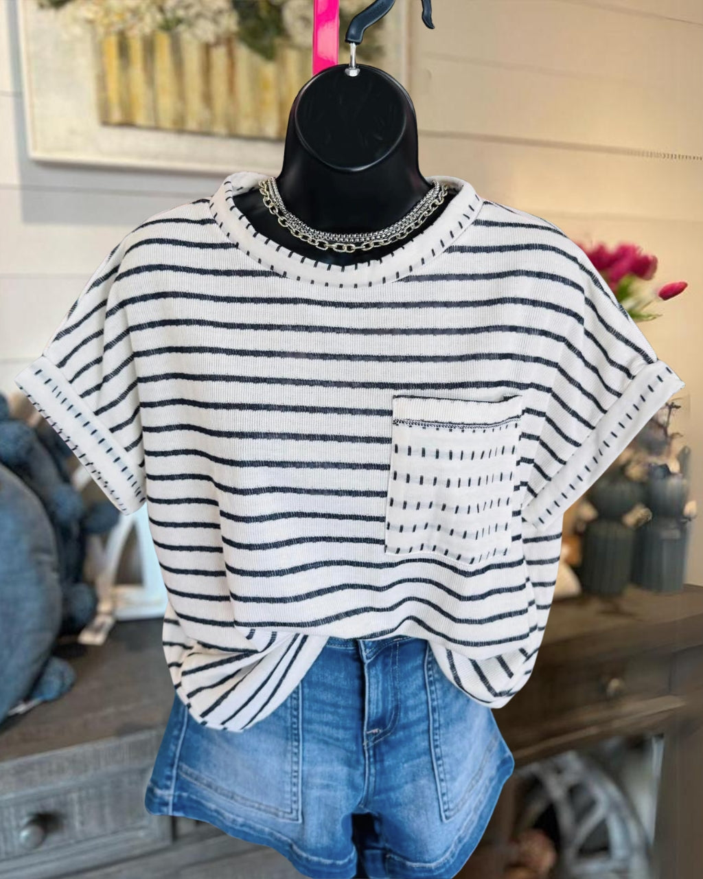 Simple Patch Pocket Striped T-shirt
