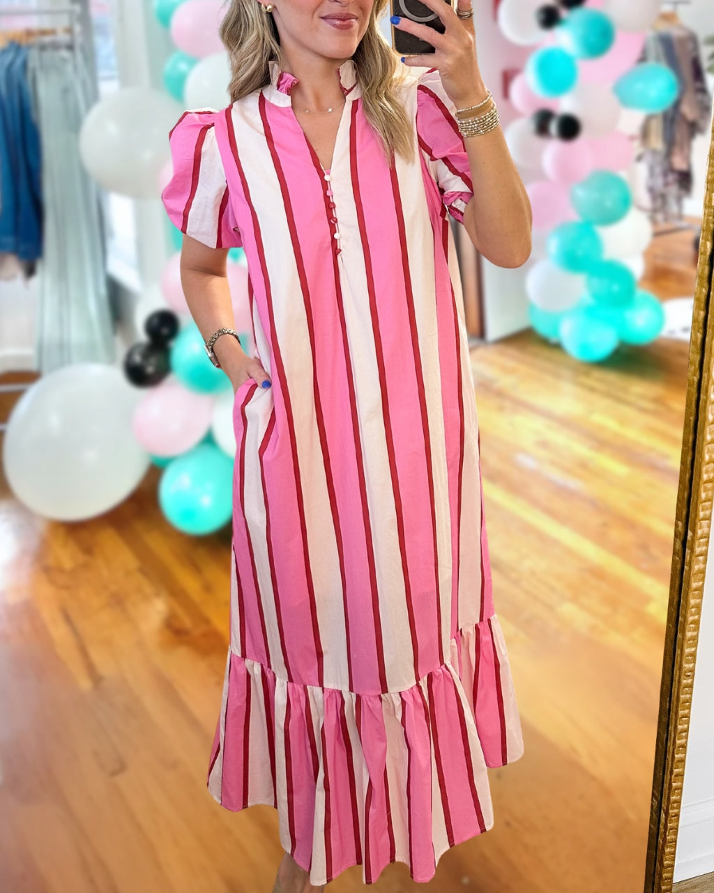 Striped Puff-sleeved Satin Maxi Dress