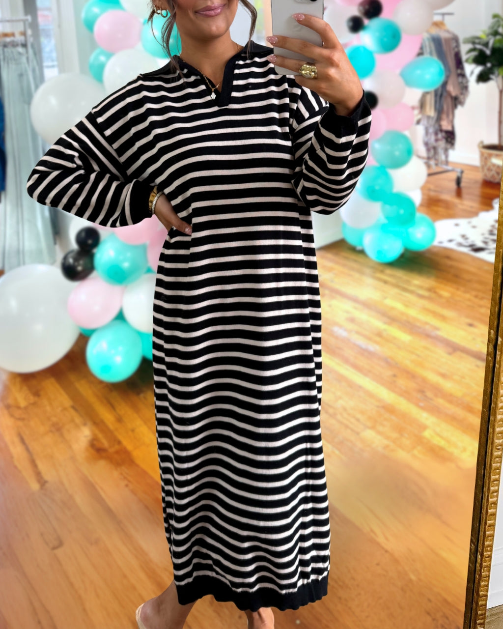Fashionable Collared Striped Dress
