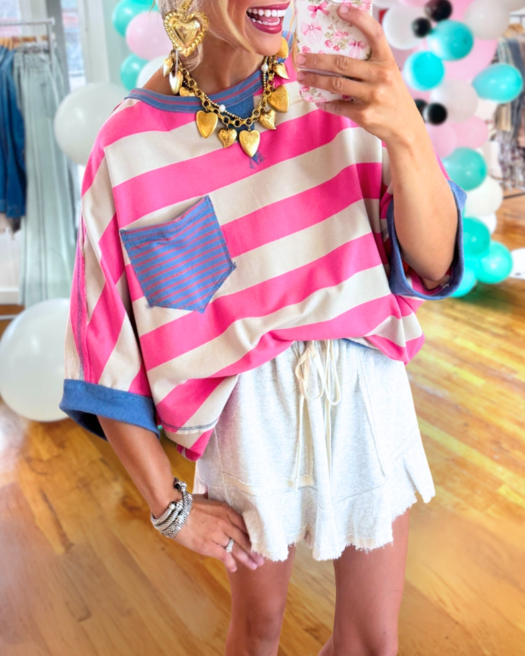 Stripe Pocket Relaxed Tee in Pink