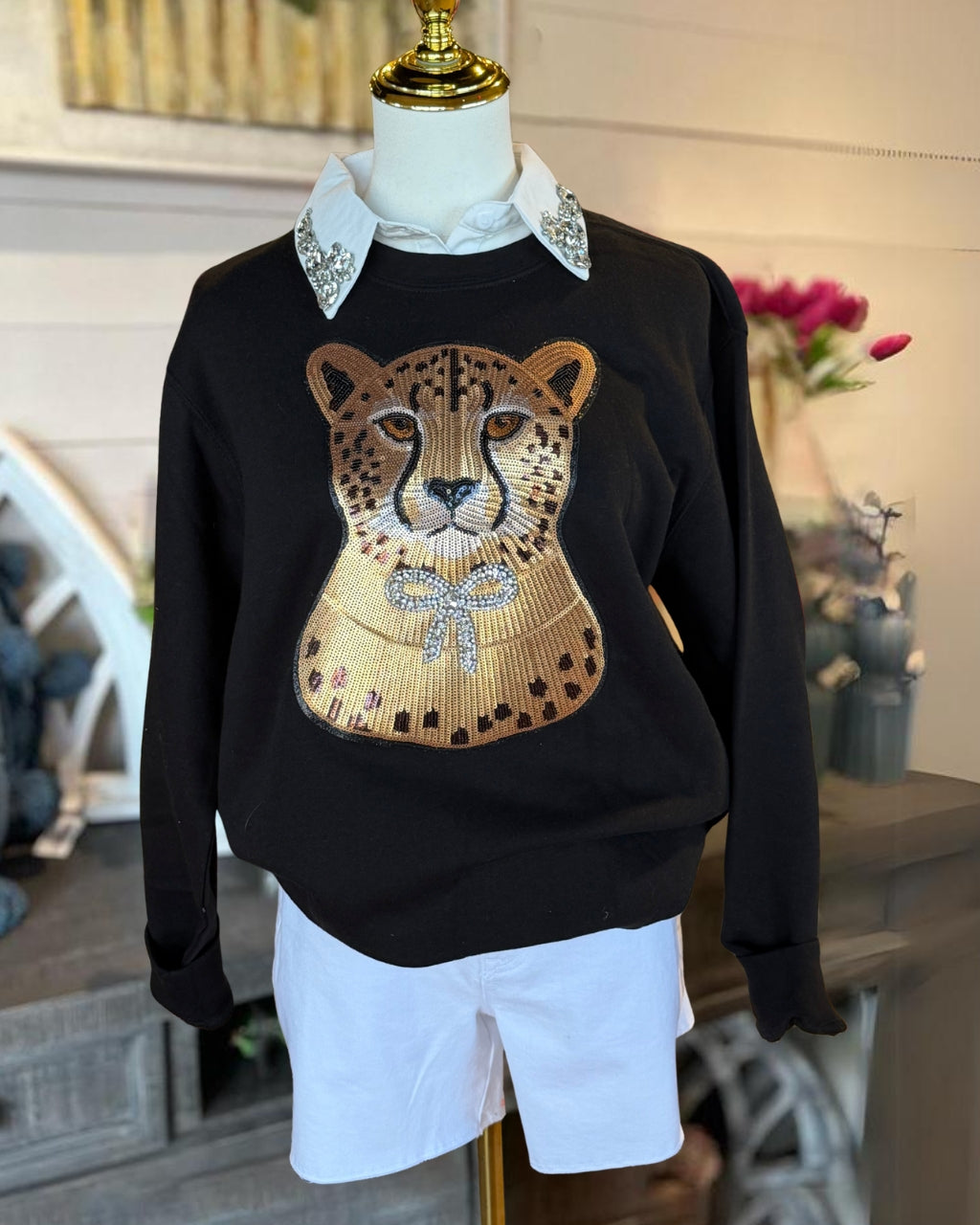 Leopard Print Sequined Bow Pullover