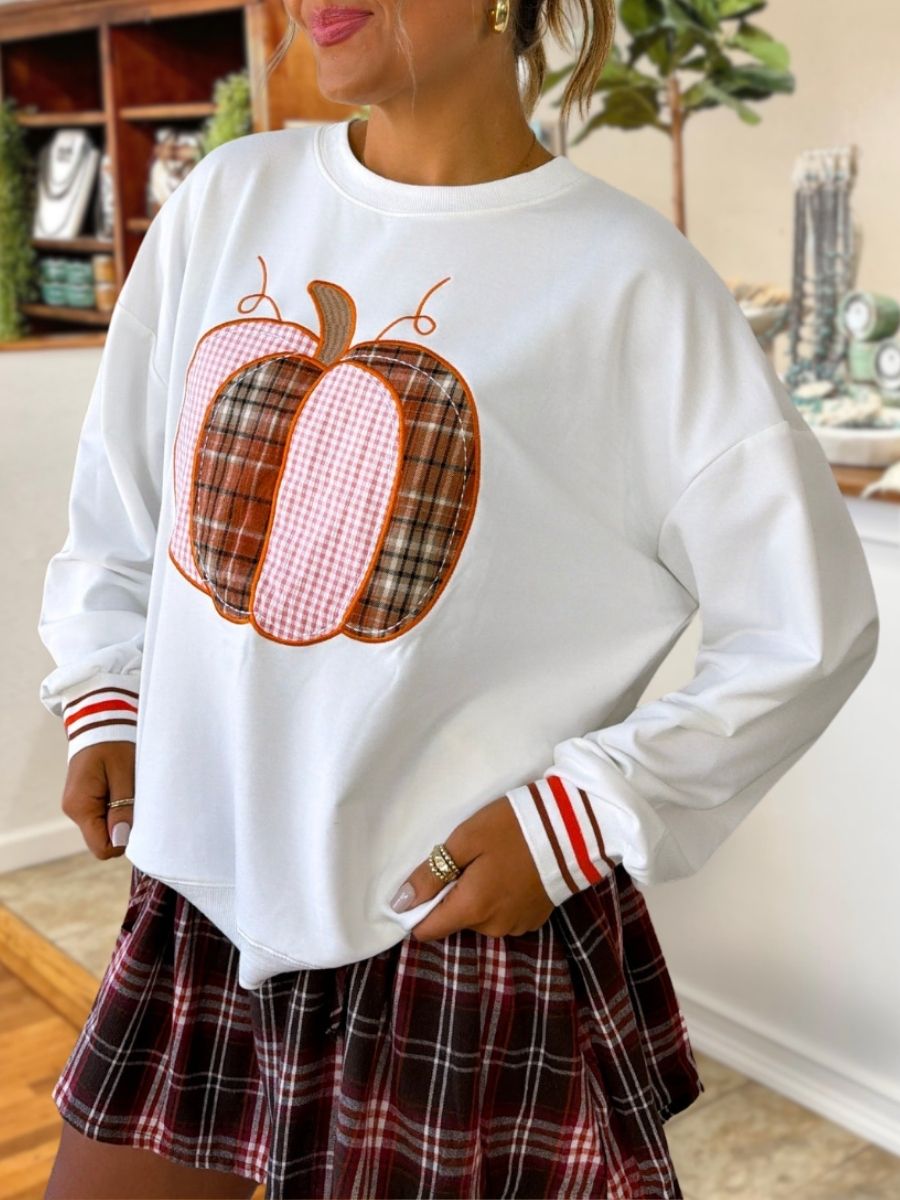 Plaid Pumpkin Embroidered Pullover