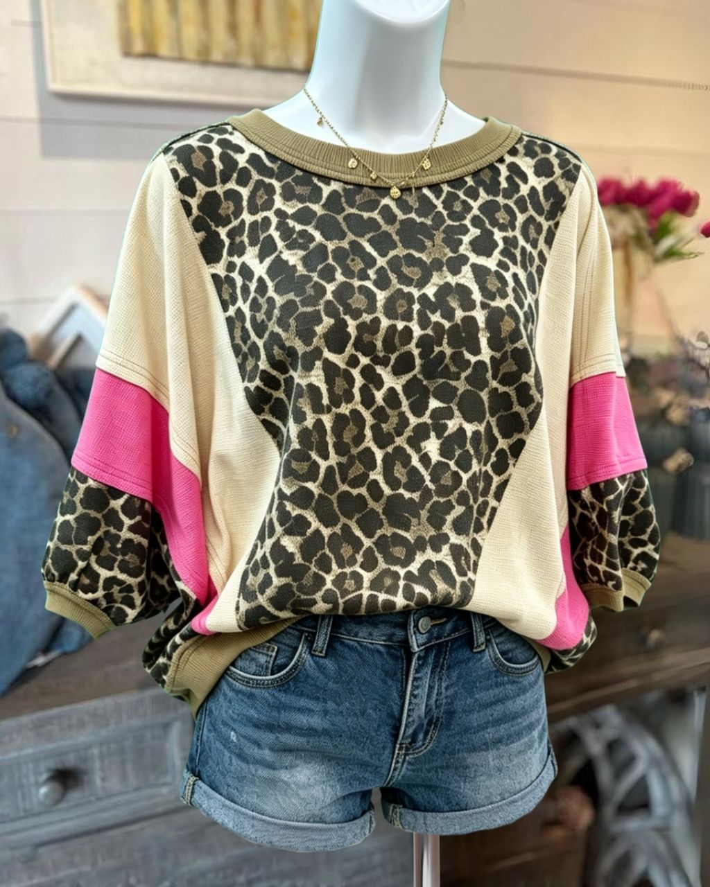 Leopard Waffle Patchwork Top