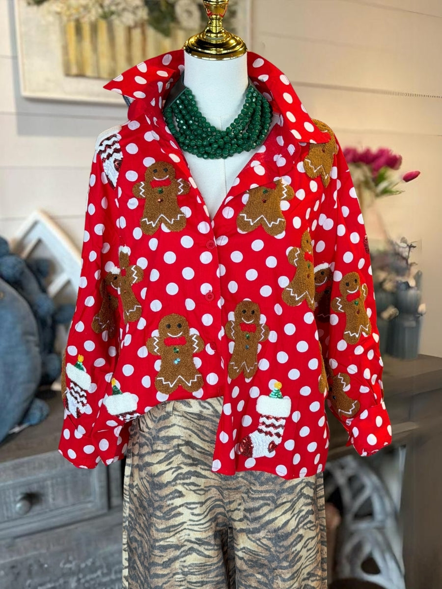 Gingerbread Man Embroidered Patch Shirt