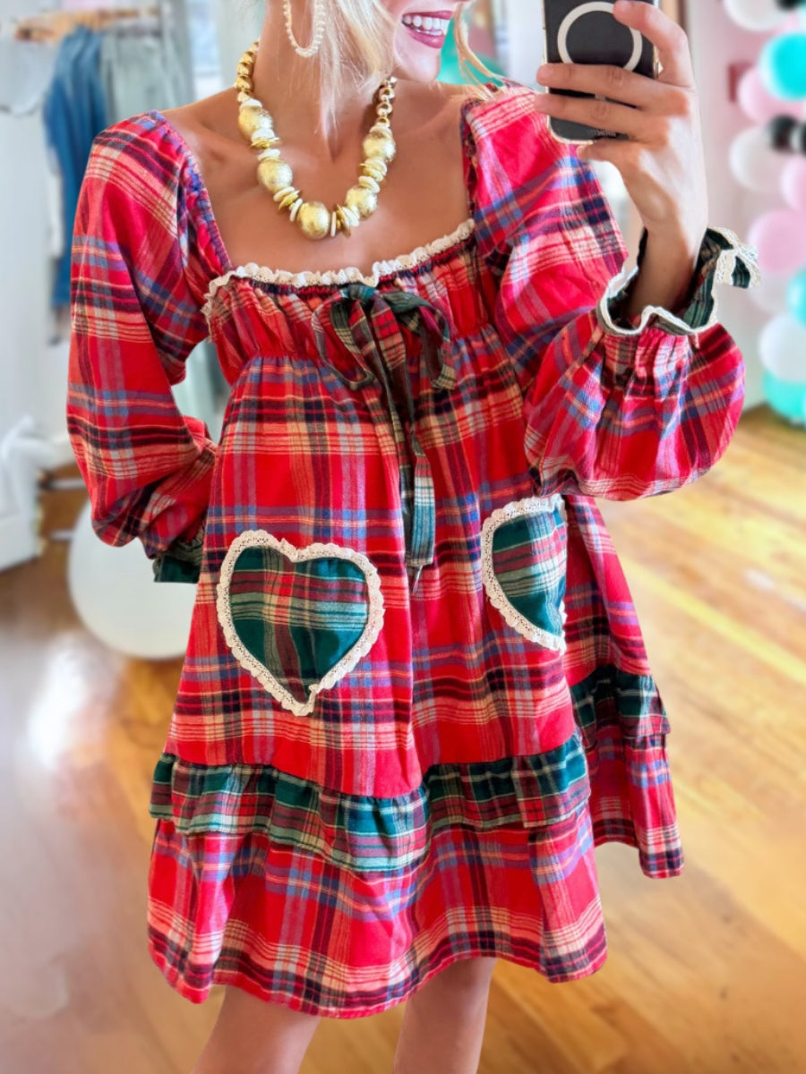 Christmas Plaid Heart-Patterned Ruffle Dress