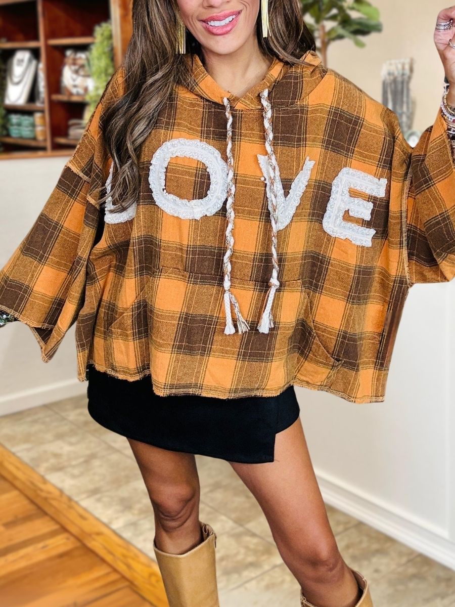 LOVE Brushed Flannel Plaid Hoodie