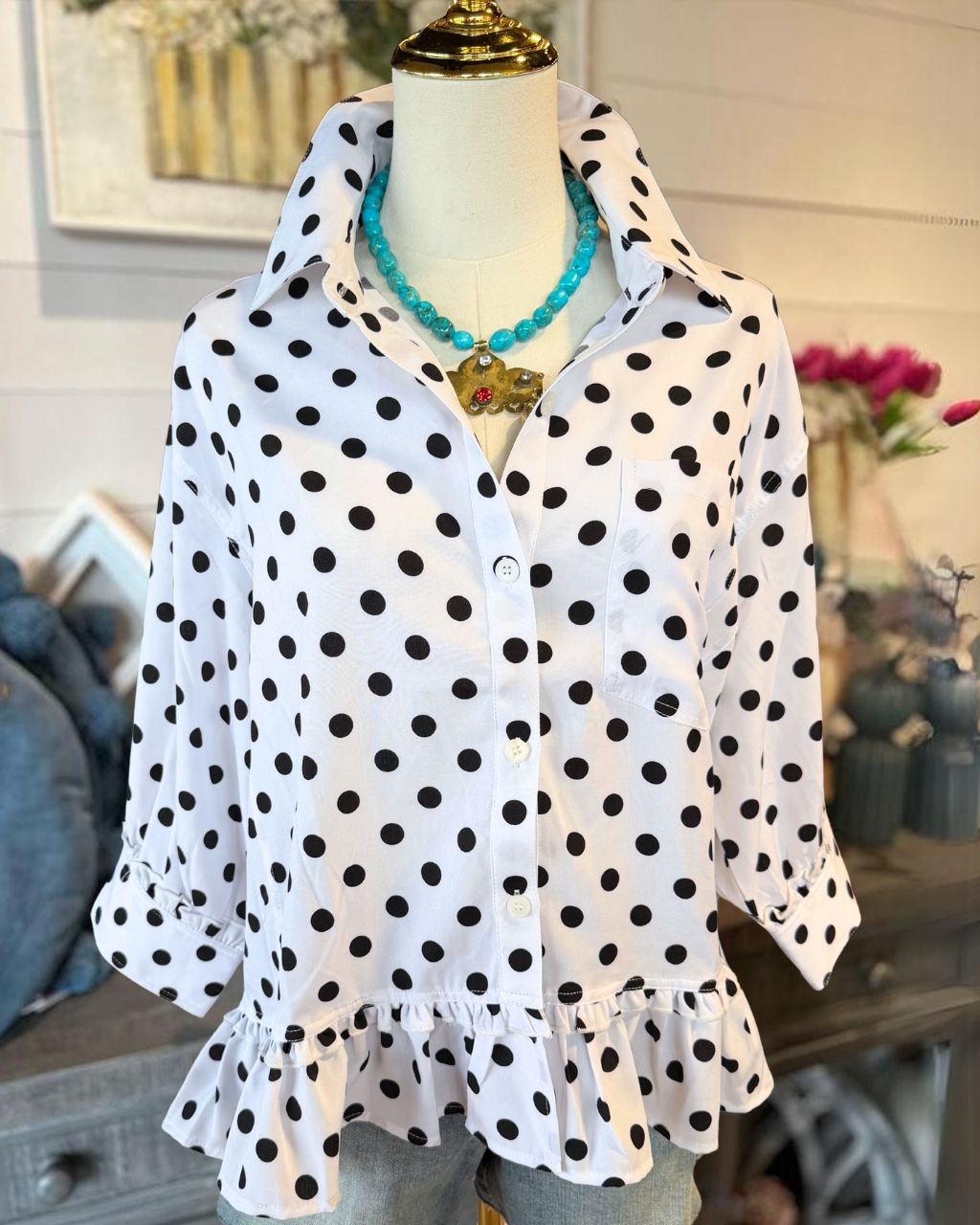 Polka-Dot Ruffled Hem Satin Shirt