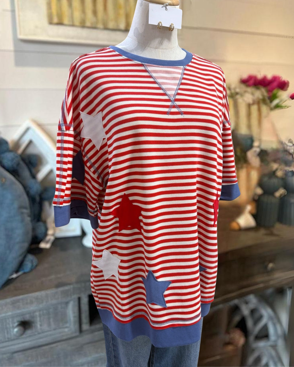 Star Patch Striped Crewneck Top