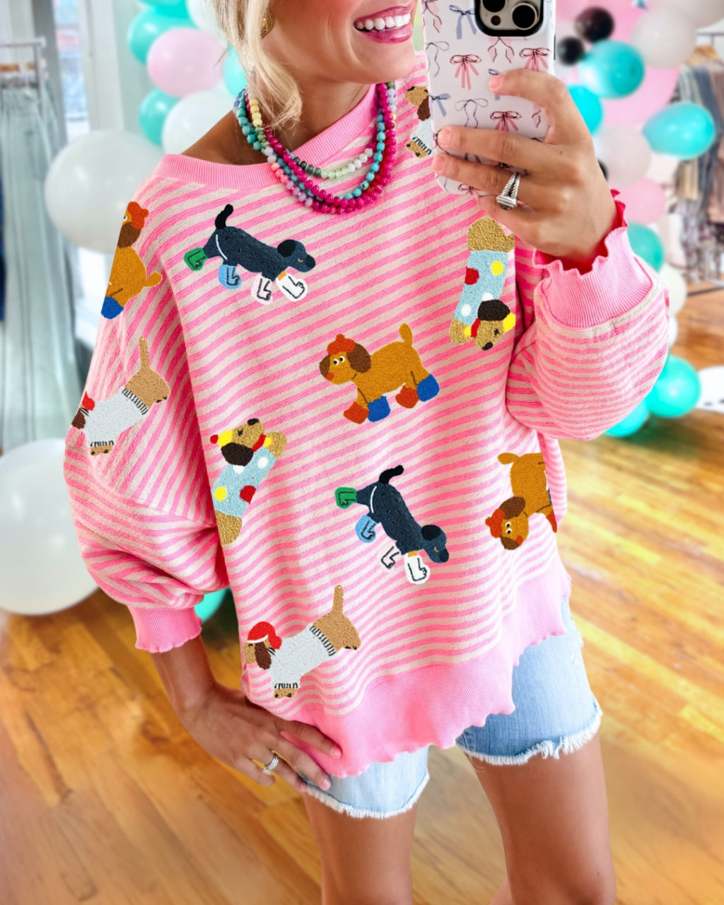 Sequin Puppy Striped Sweatshirt