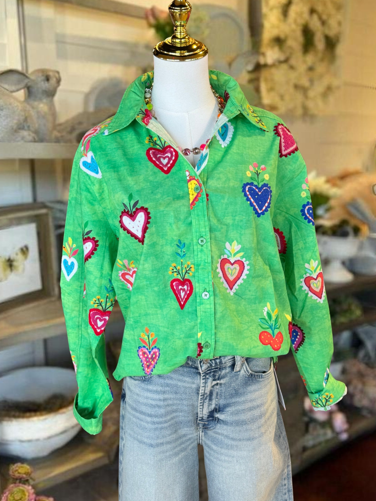 Colorful Floral Heart-Print Shirt