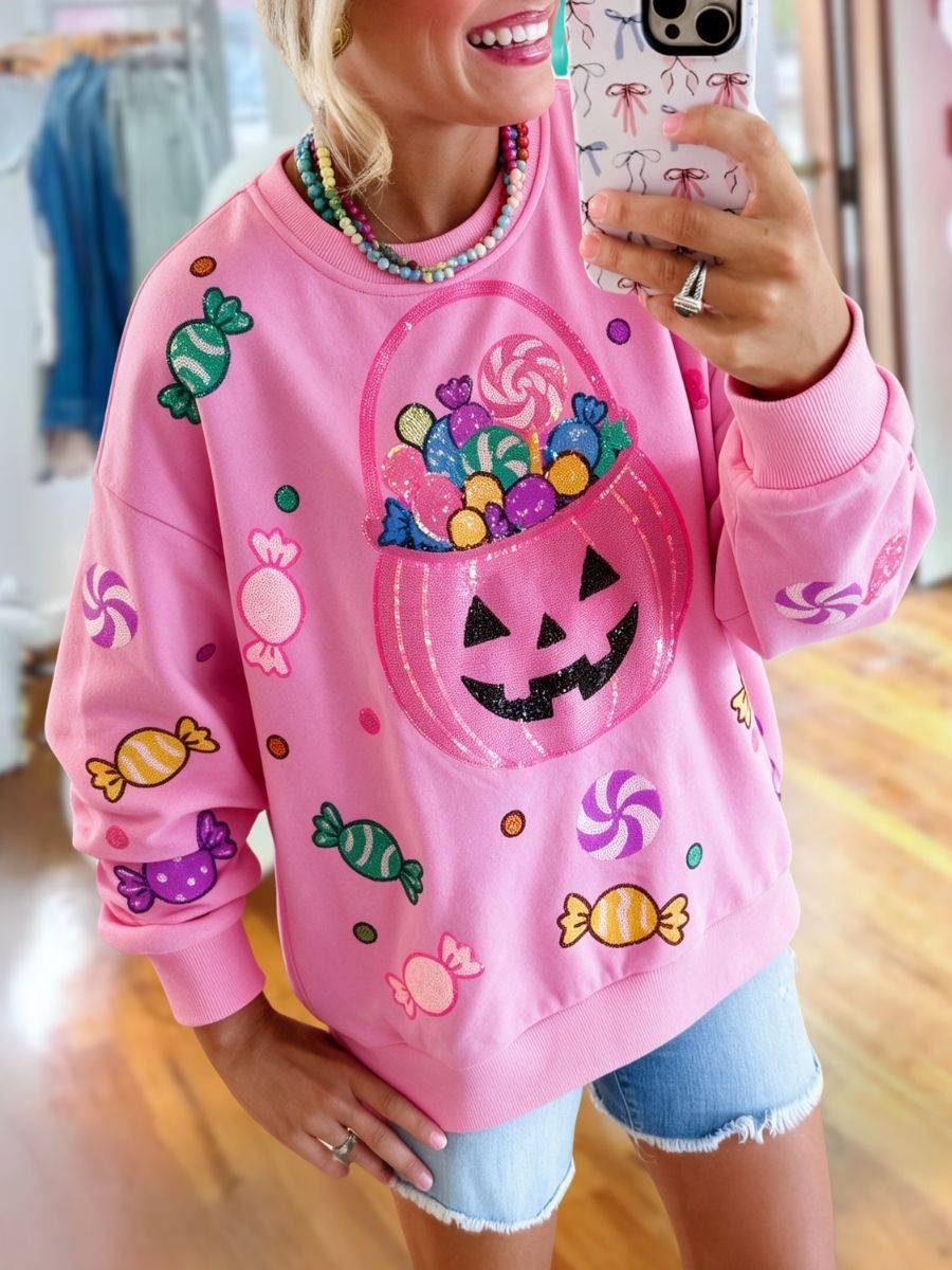 Halloween Sequin Pumpkin Candy Bucket Pullover