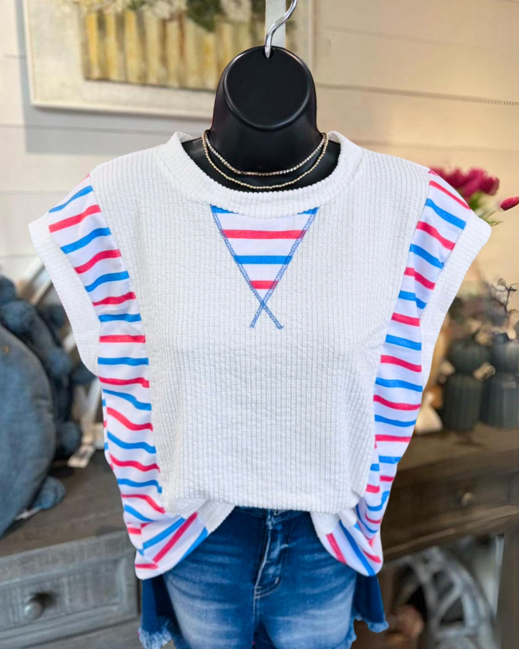 Striped Patchwork Flutter Sleeve Top