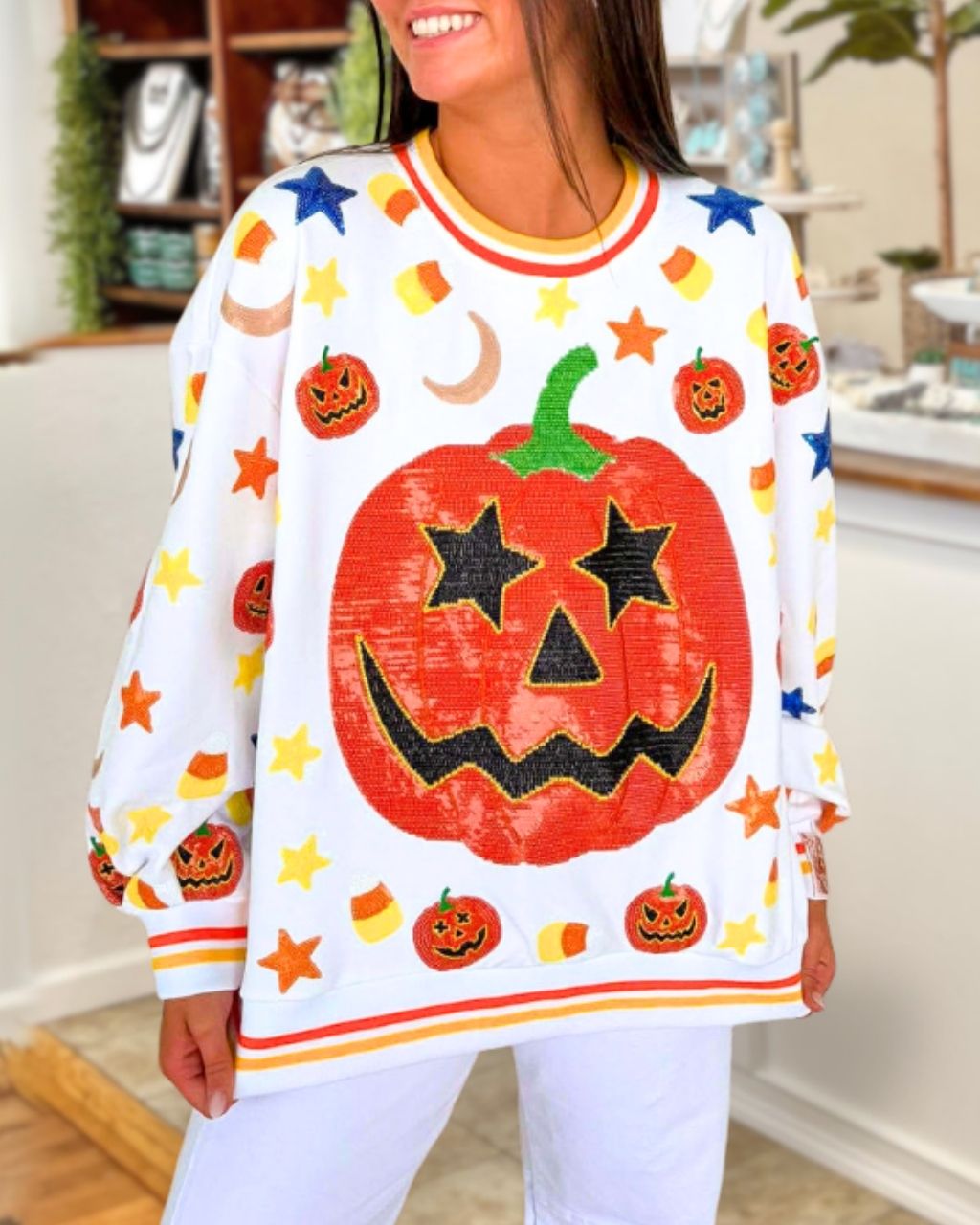 Halloween Pumpkin Star Candy Sequin Pullover