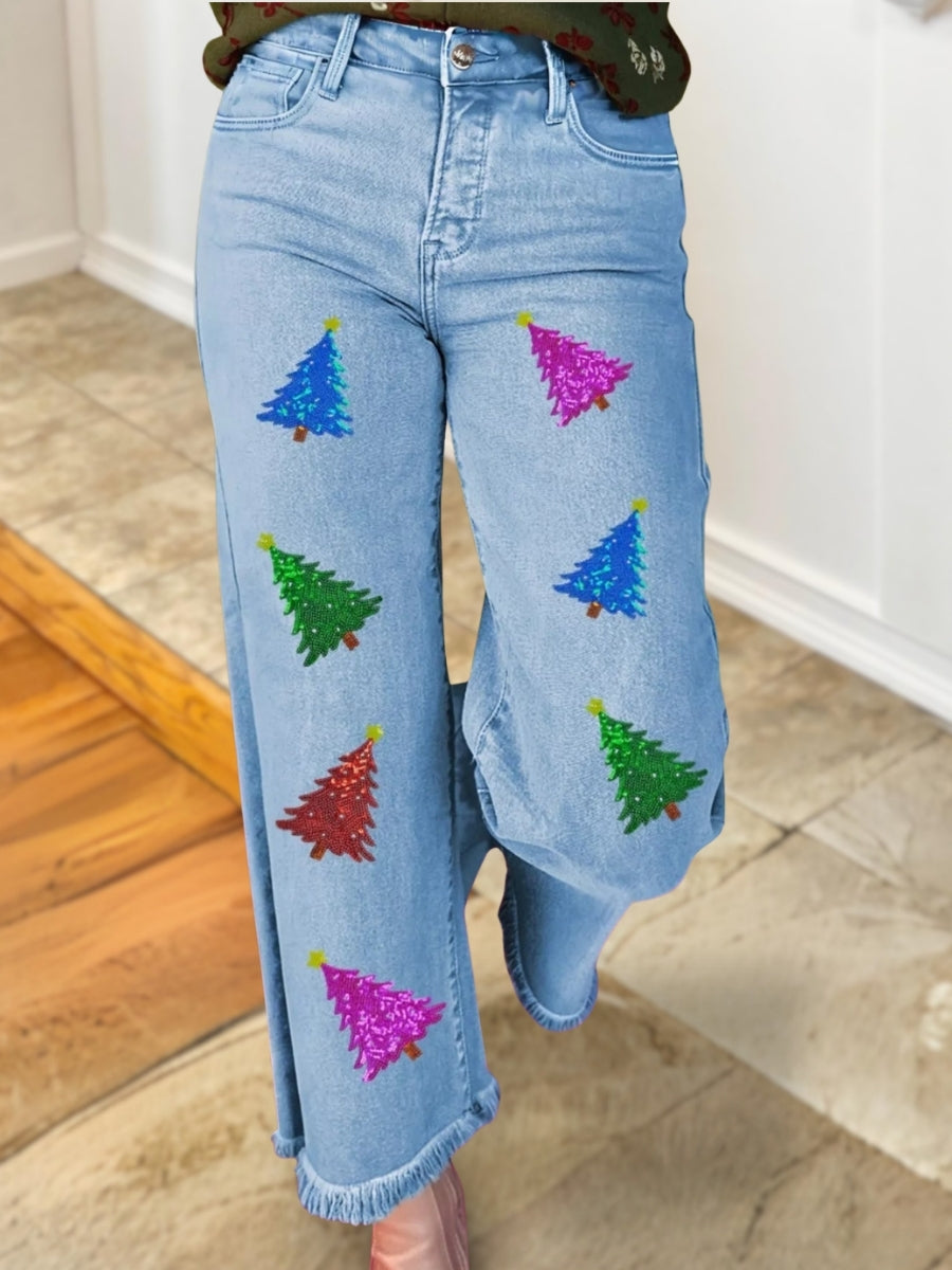 Colorful Christmas Tree Sequined Frayed Jeans