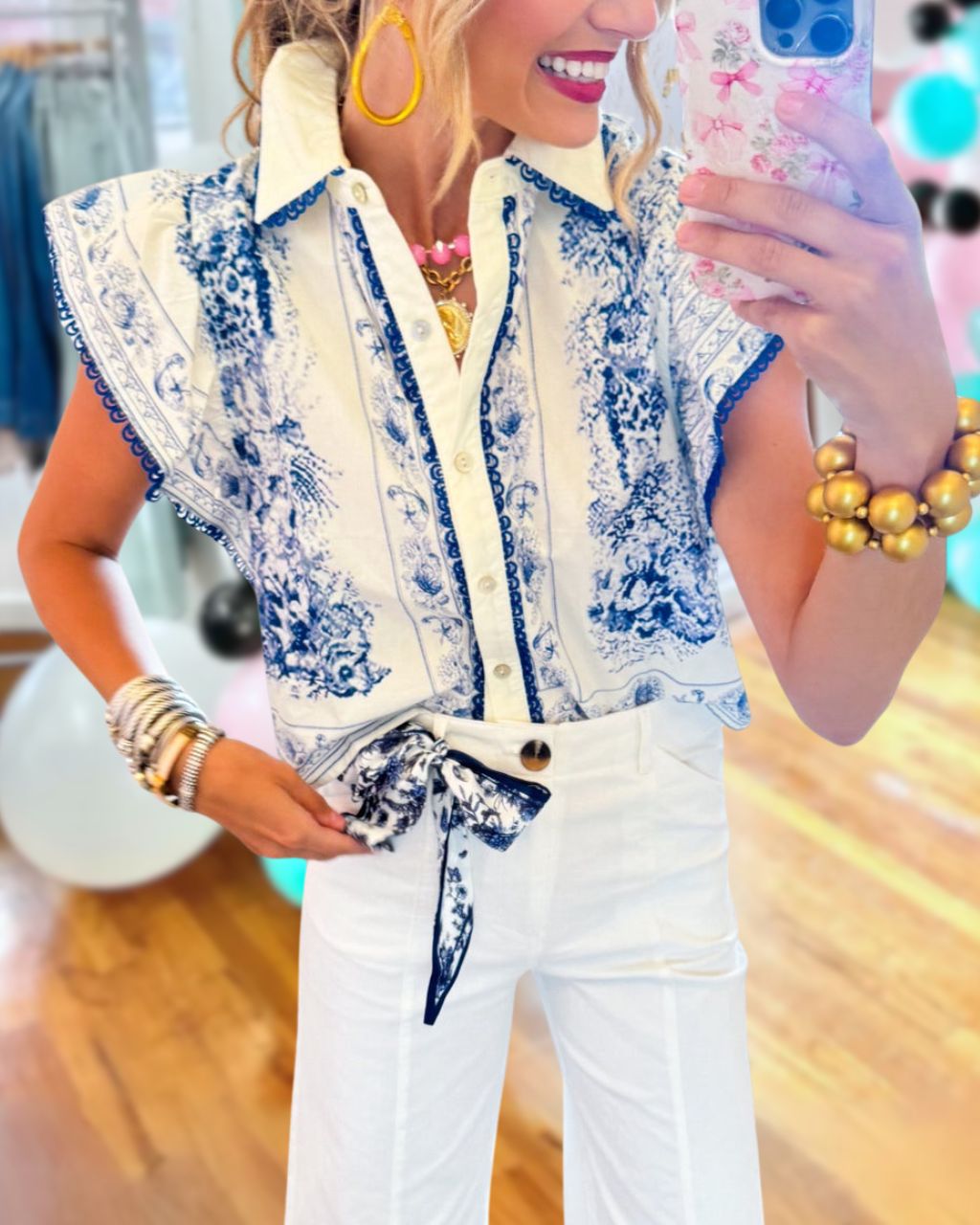 Elegant Floral Wave Trim Shirt