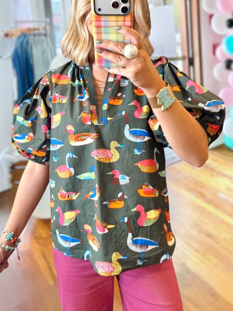 Colorful Mallard Print Puff Sleeve Top