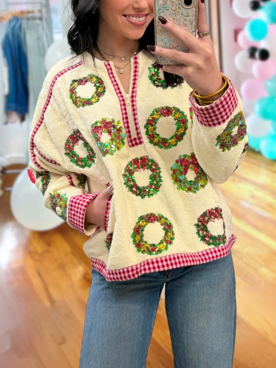 Plush Christmas Wreath Sequin Top