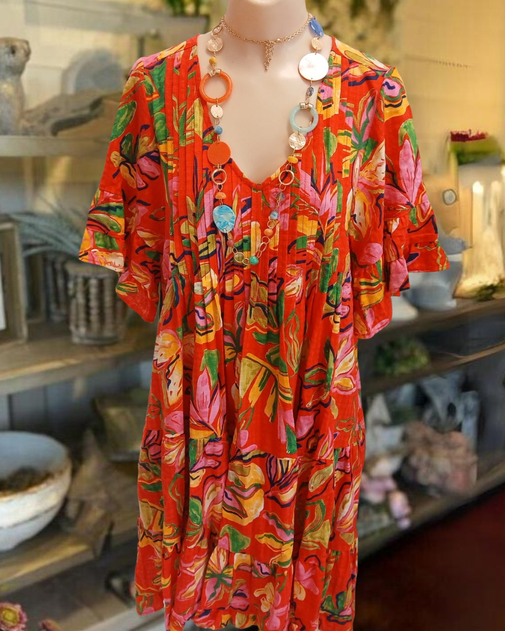 Brightly Floral Pleated V-neck Dress