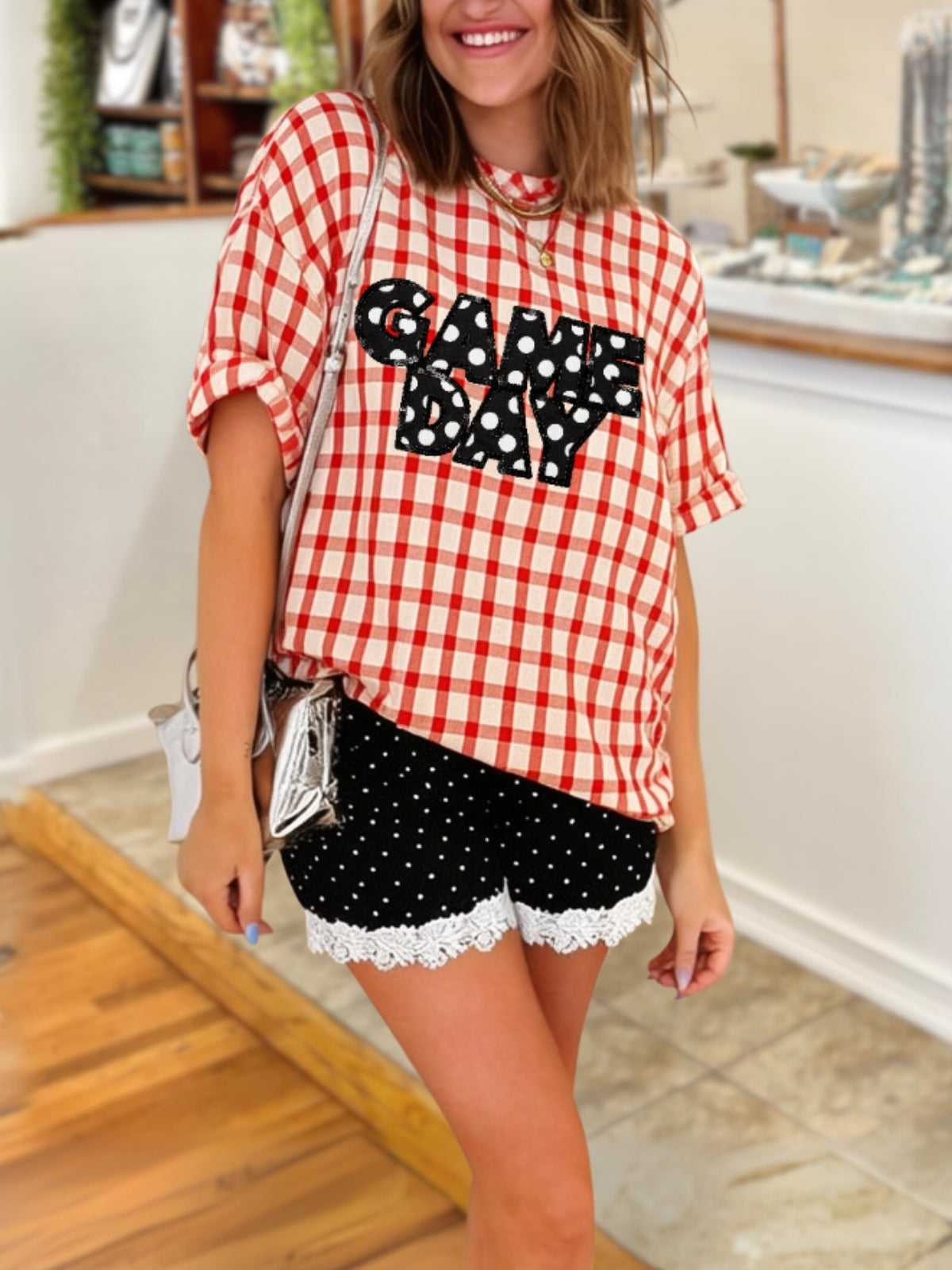 Gameday Polka-Dot Embroidered Plaid Top