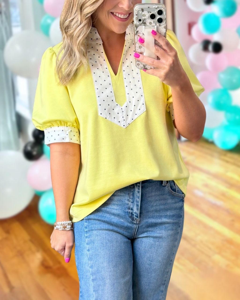 Polka Dot Trim Contrasting Neckline Top