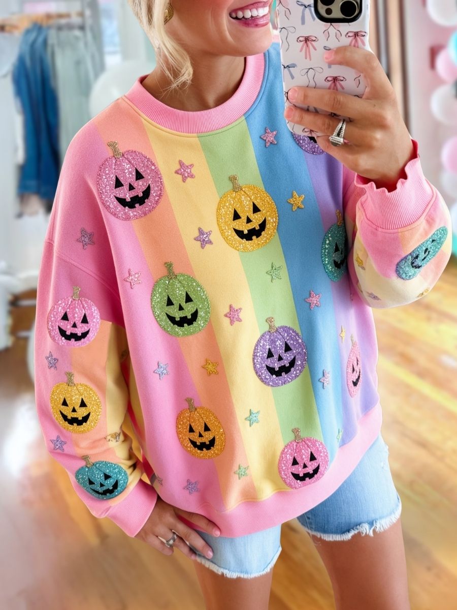 Rainbow Striped Sequin Pumpkin Pullover