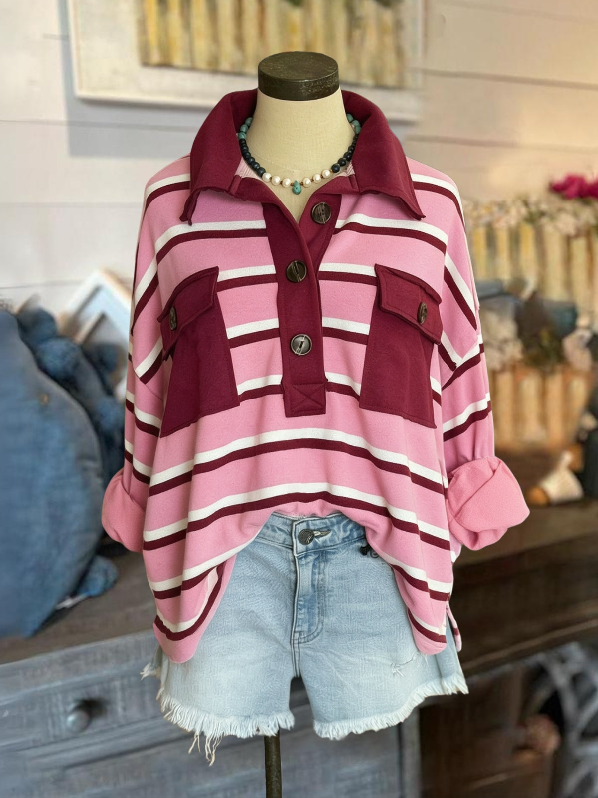 Loose Striped Large Pocket Top