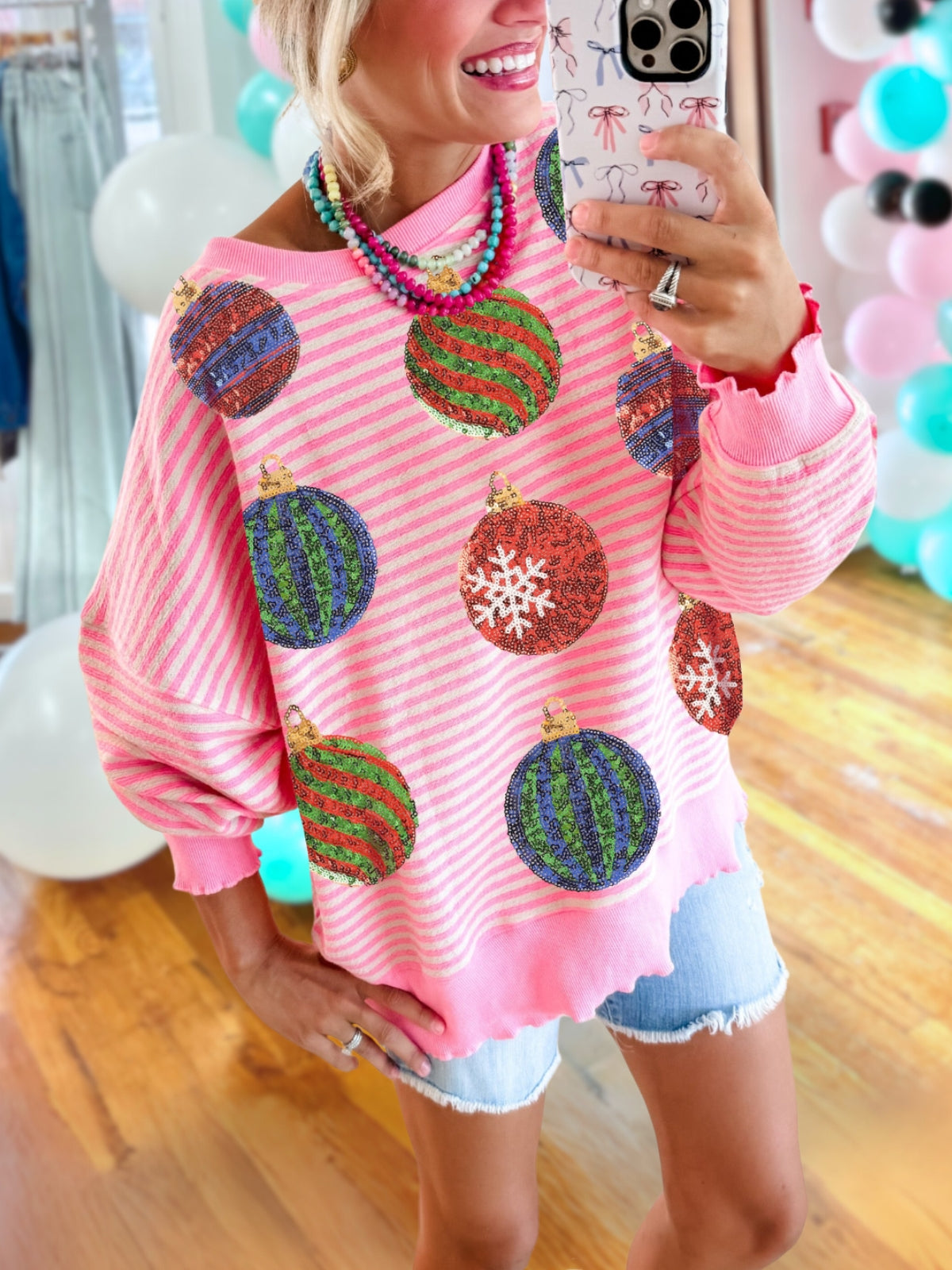 Christmas Ball Striped Sequined Pullover